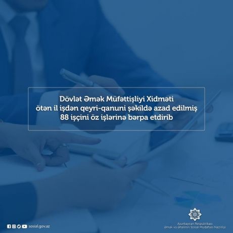 Dövlət Əmək Müfəttişliyi Xidməti ötən il işdən qeyri-qanuni şəkildə azad edilmiş 88 işçini öz işlərinə bərpa etdirib Dövlət Əmək Müfəttişliyi Xidməti ötən il işdən qeyri-qanuni şəkildə azad edilmiş 88 işçini öz işlərinə bərpa etdirib