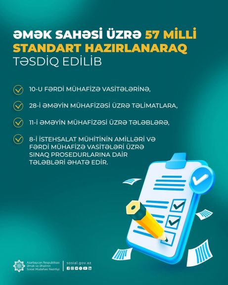 Əmək sahəsi üzrə 57 milli standart hazırlanaraq təsdiq edilib Əmək sahəsi üzrə 57 milli standart hazırlanaraq təsdiq edilib